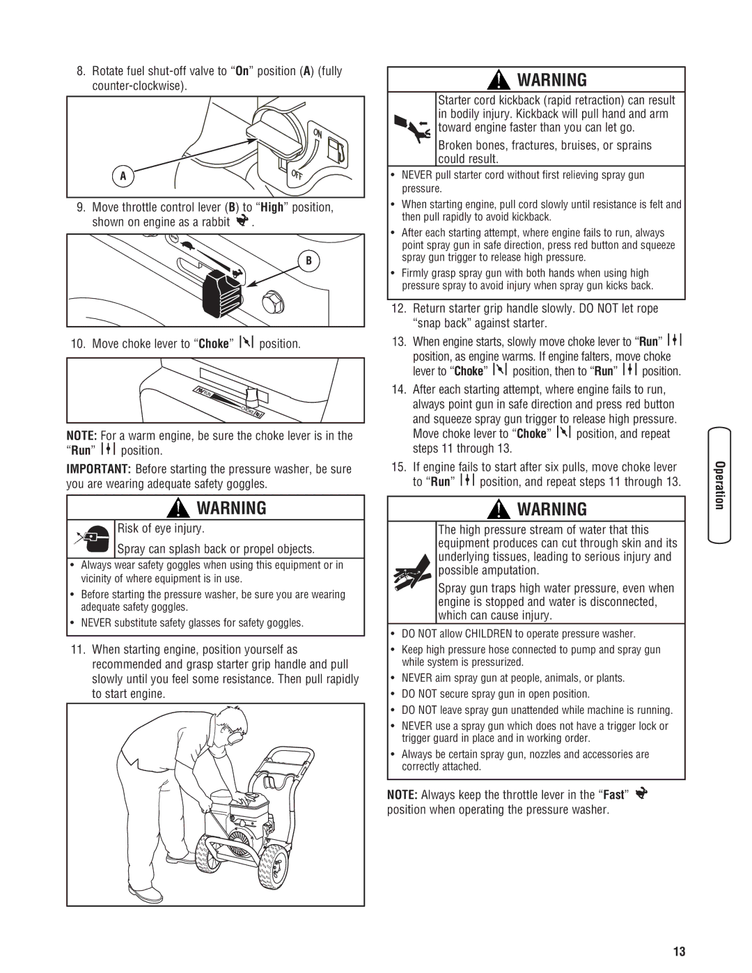 Briggs & Stratton 20341 manual Broken bones, fractures, bruises, or sprains could result 