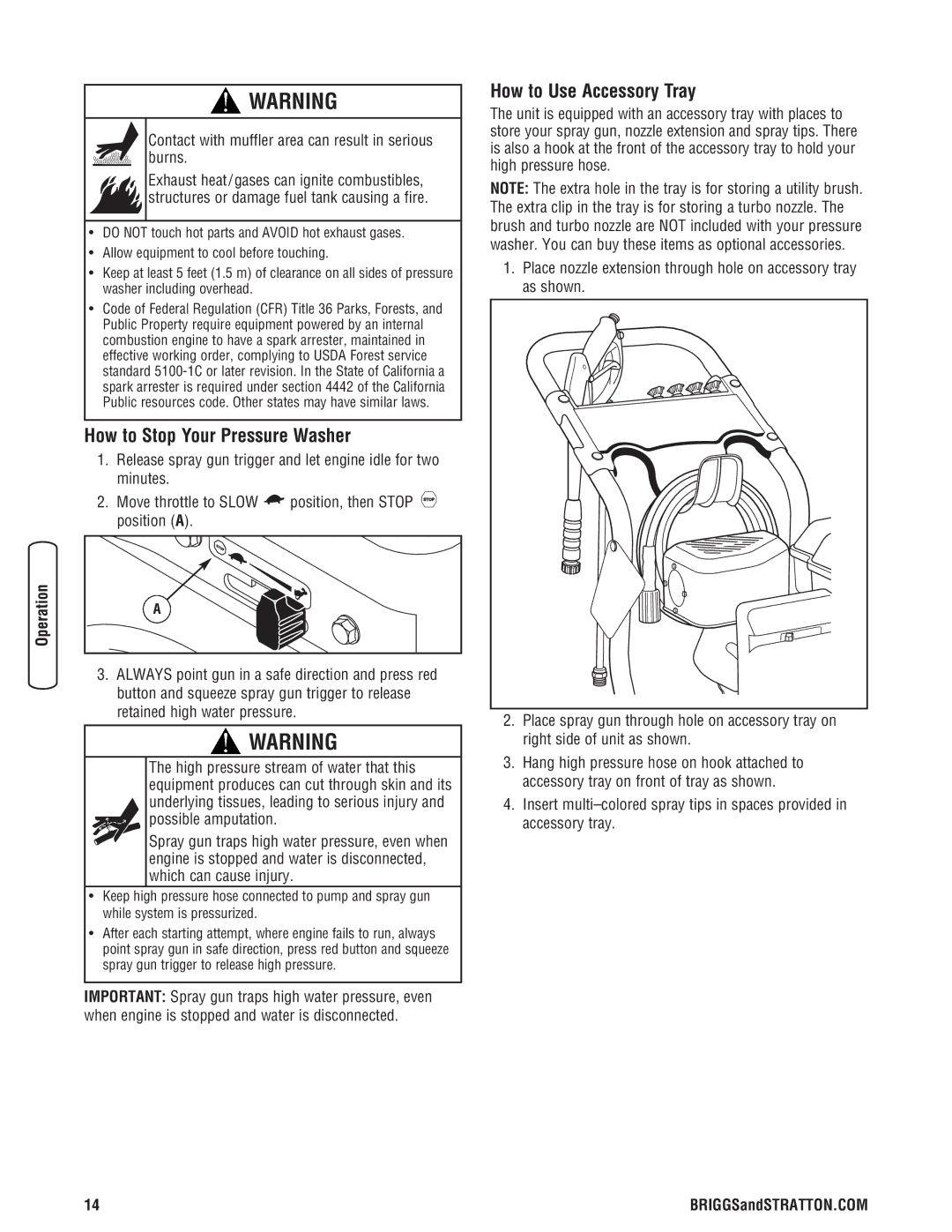 Briggs & Stratton 20341 manual How to Stop Your Pressure Washer, How to Use Accessory Tray 