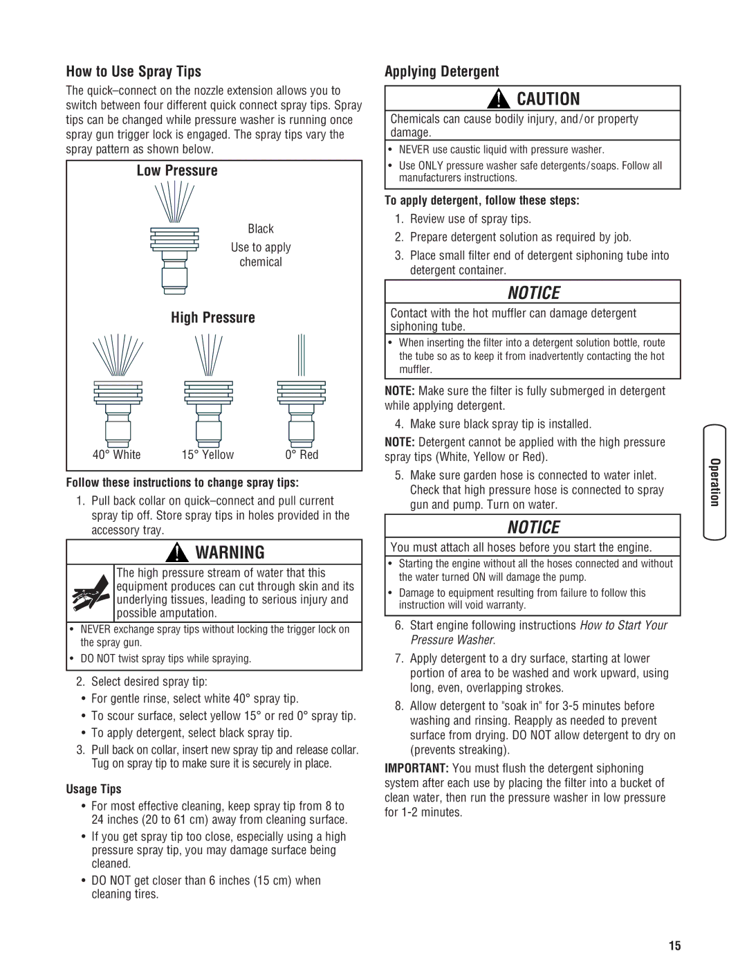 Briggs & Stratton 20341 manual How to Use Spray Tips, Low Pressure, High Pressure, Applying Detergent 