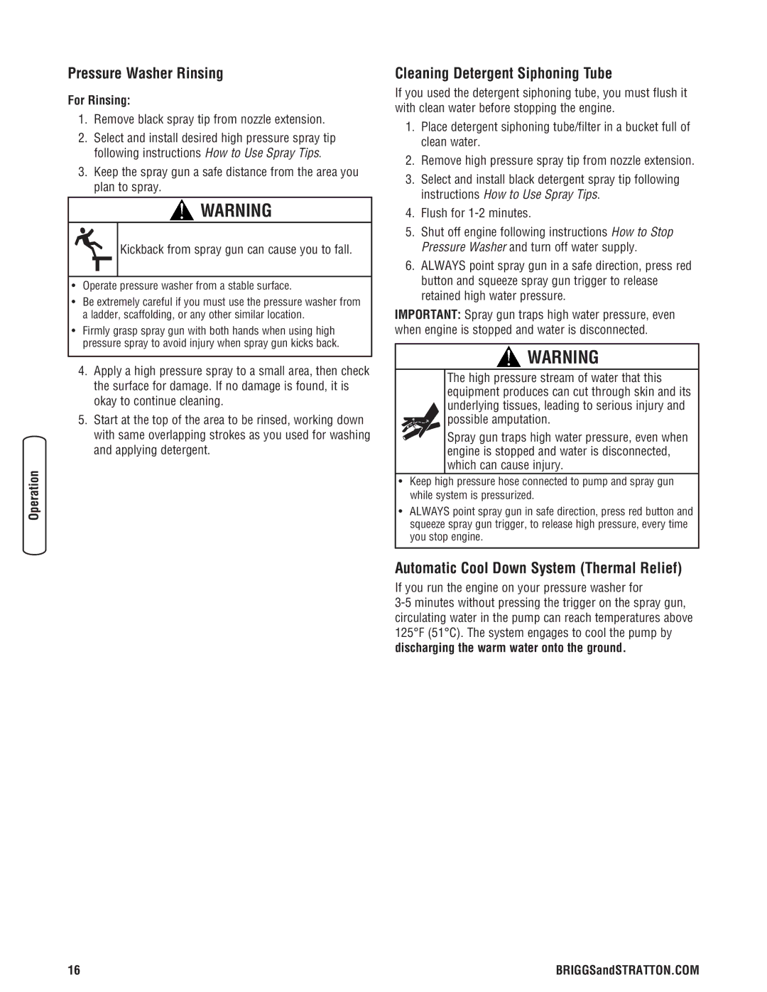 Briggs & Stratton 20341 manual Pressure Washer Rinsing, Cleaning Detergent Siphoning Tube, For Rinsing 