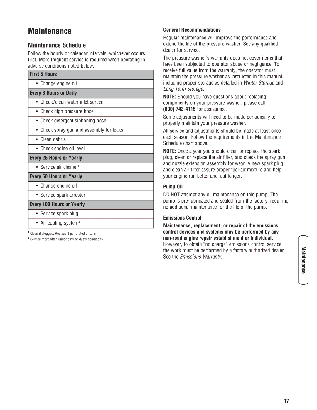 Briggs & Stratton 20341 manual Maintenance Schedule 