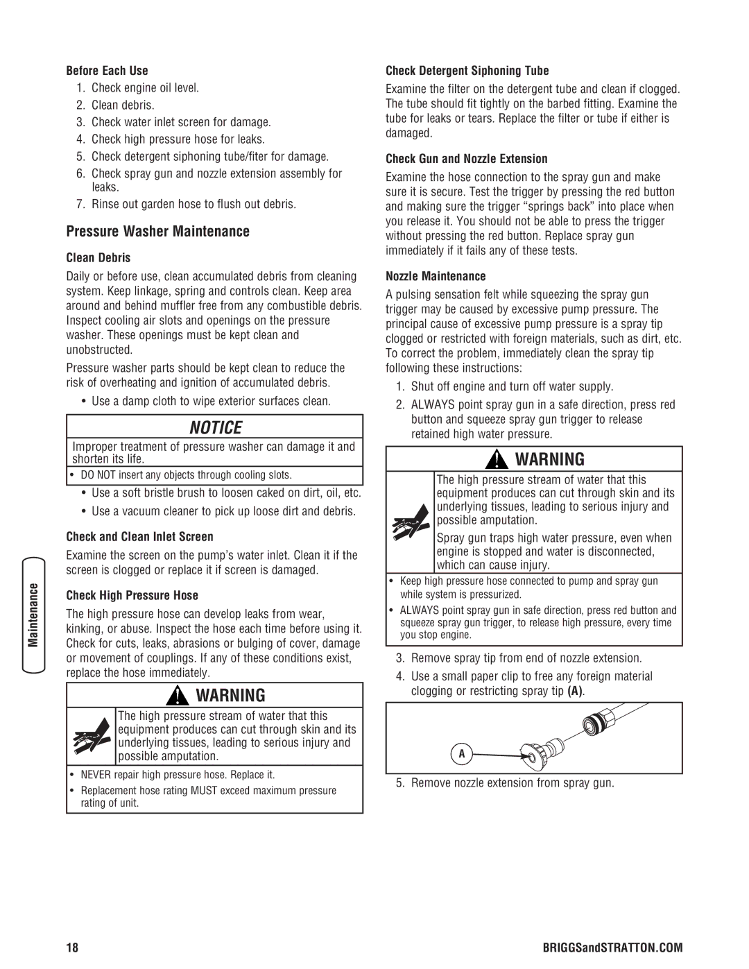 Briggs & Stratton 20341 manual Pressure Washer Maintenance 