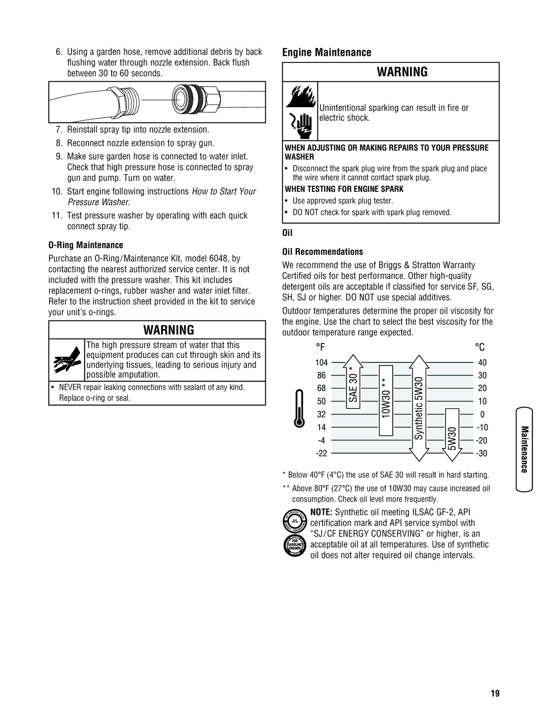 Briggs & Stratton 20341 manual Engine Maintenance, Ring Maintenance, Oil Oil Recommendations 