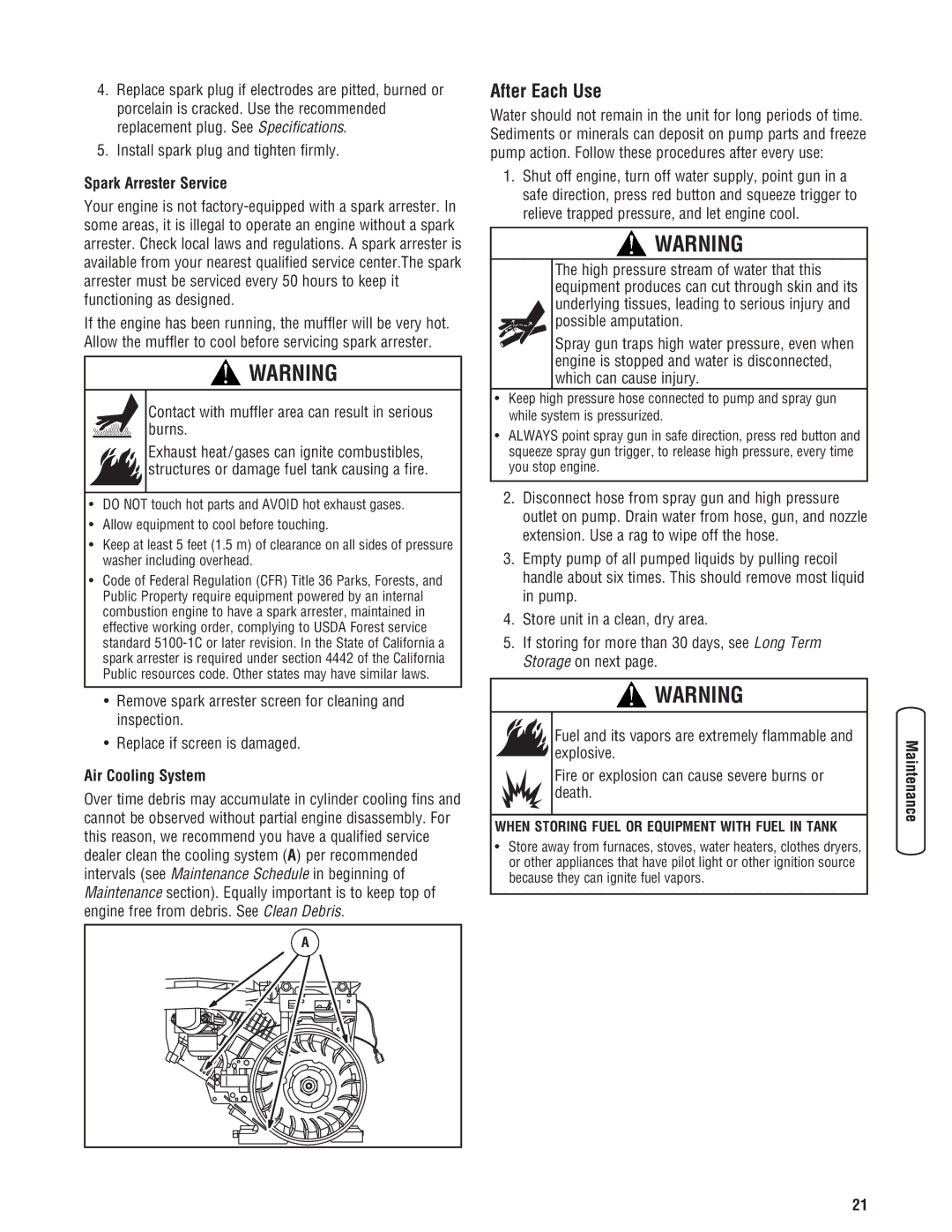 Briggs & Stratton 20341 After Each Use, Install spark plug and tighten firmly, Spark Arrester Service, Air Cooling System 