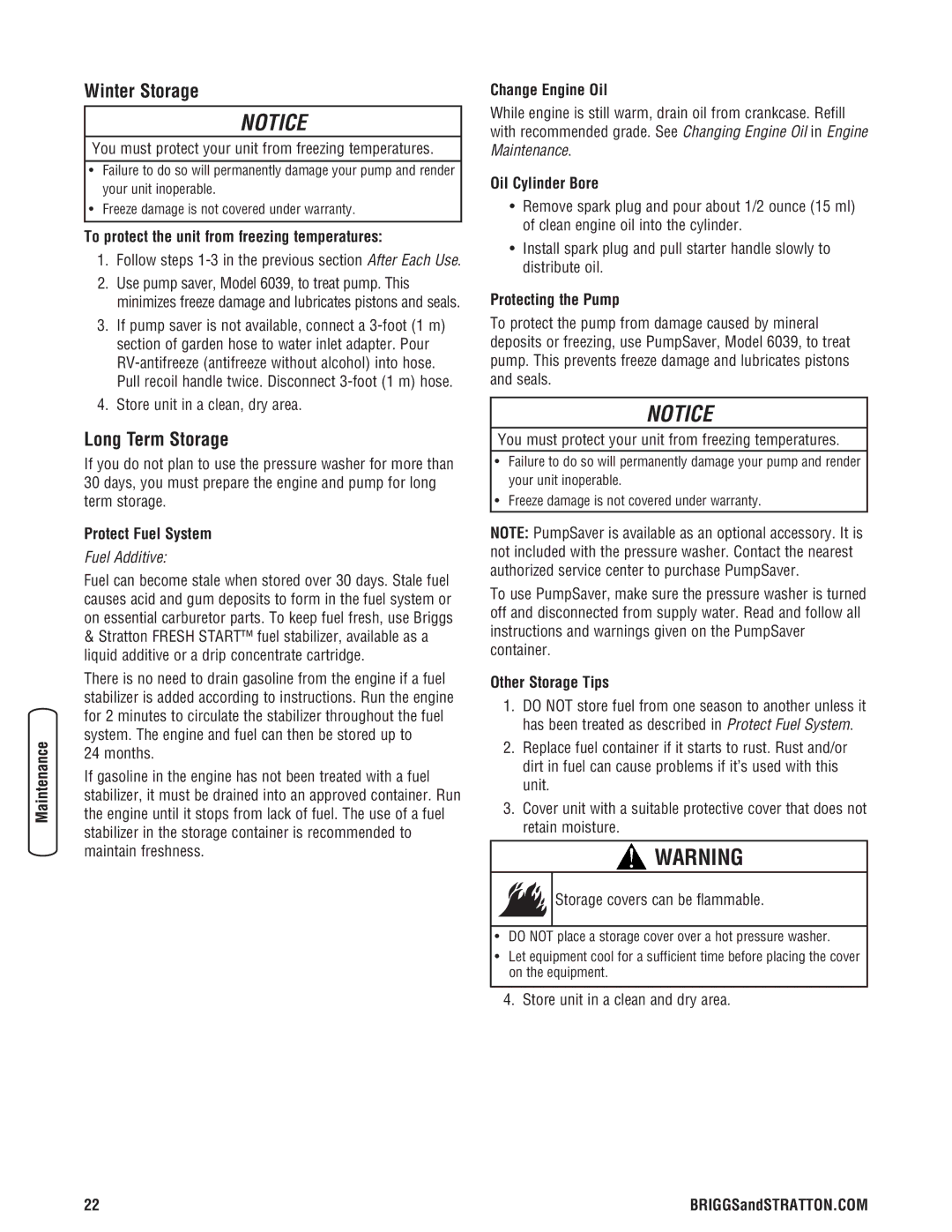 Briggs & Stratton 20341 manual Winter Storage, Long Term Storage 