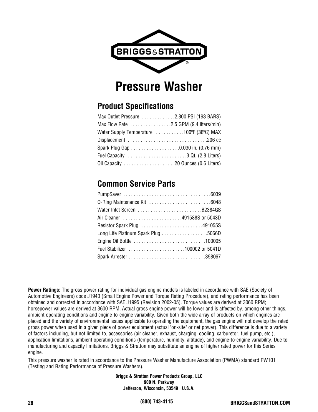 Briggs & Stratton 20341 manual Product Specifications, Common Service Parts, 800 