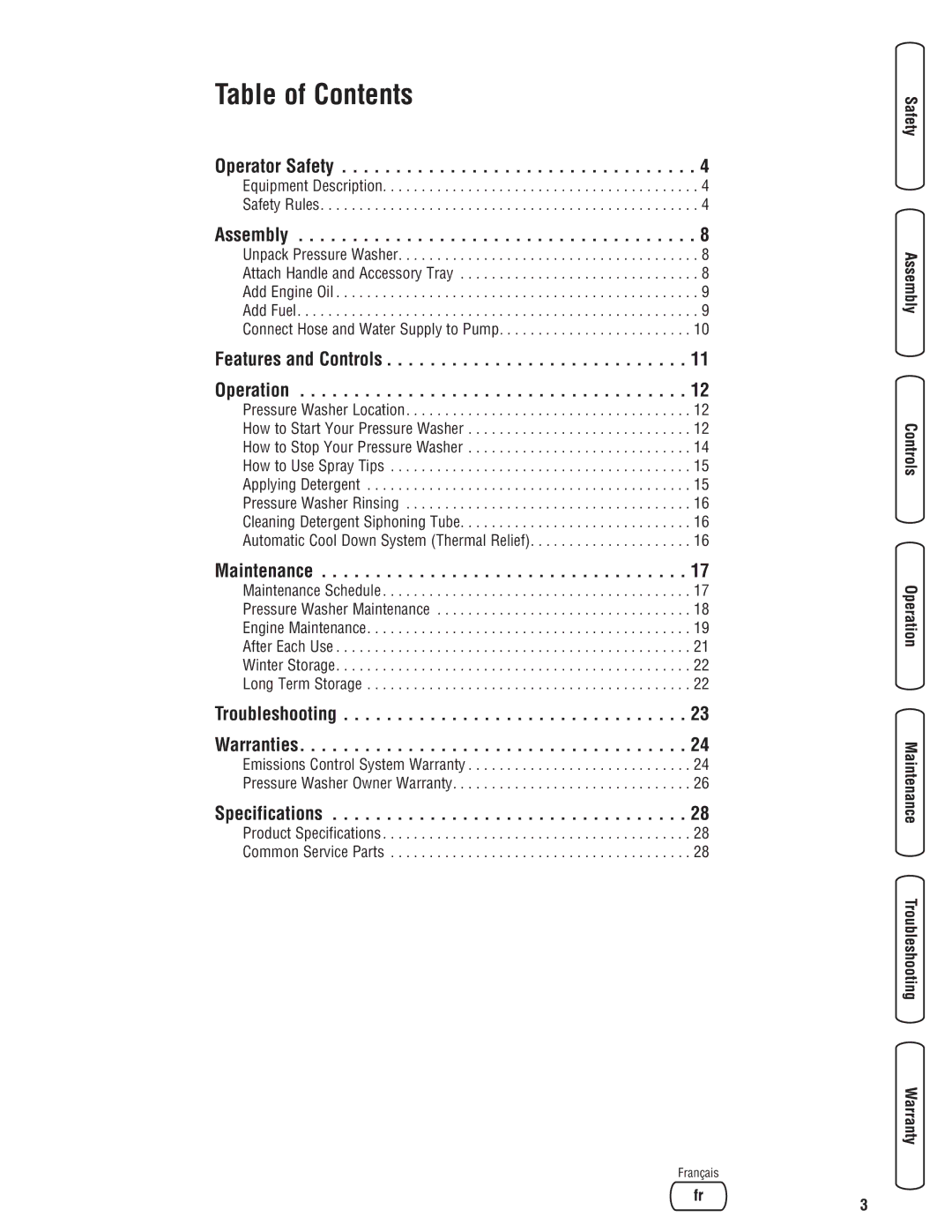 Briggs & Stratton 20341 manual Table of Contents 