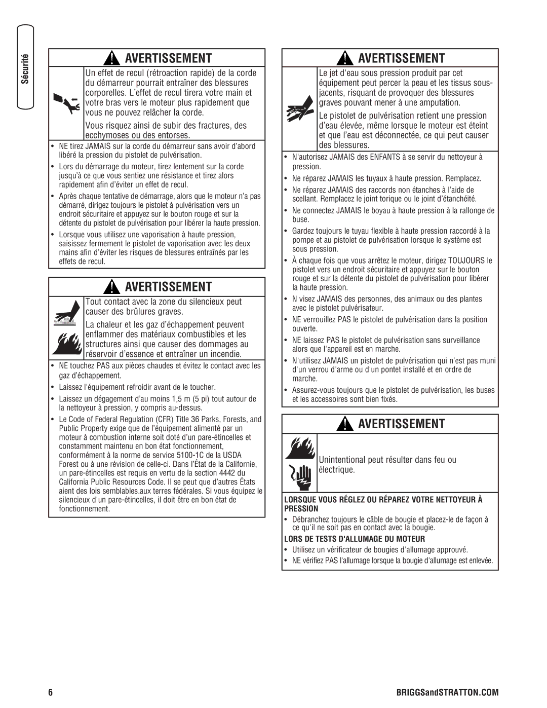 Briggs & Stratton 20341 manual Unintentional peut résulter dans feu ou électrique 