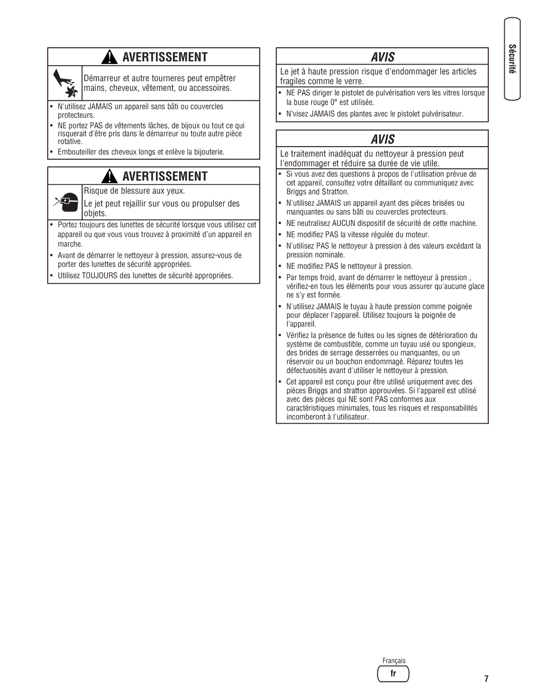 Briggs & Stratton 20341 manual Avis 