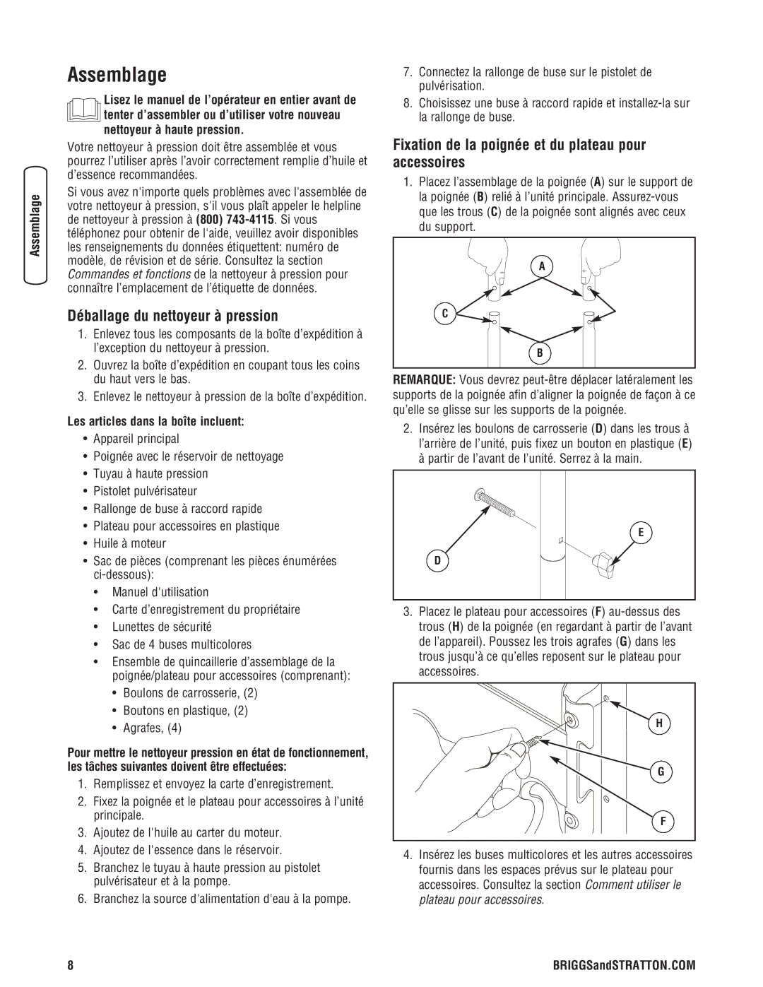 Briggs & Stratton 20341 manual Assemblage, Déballage du nettoyeur à pression, Les articles dans la boîte incluent 