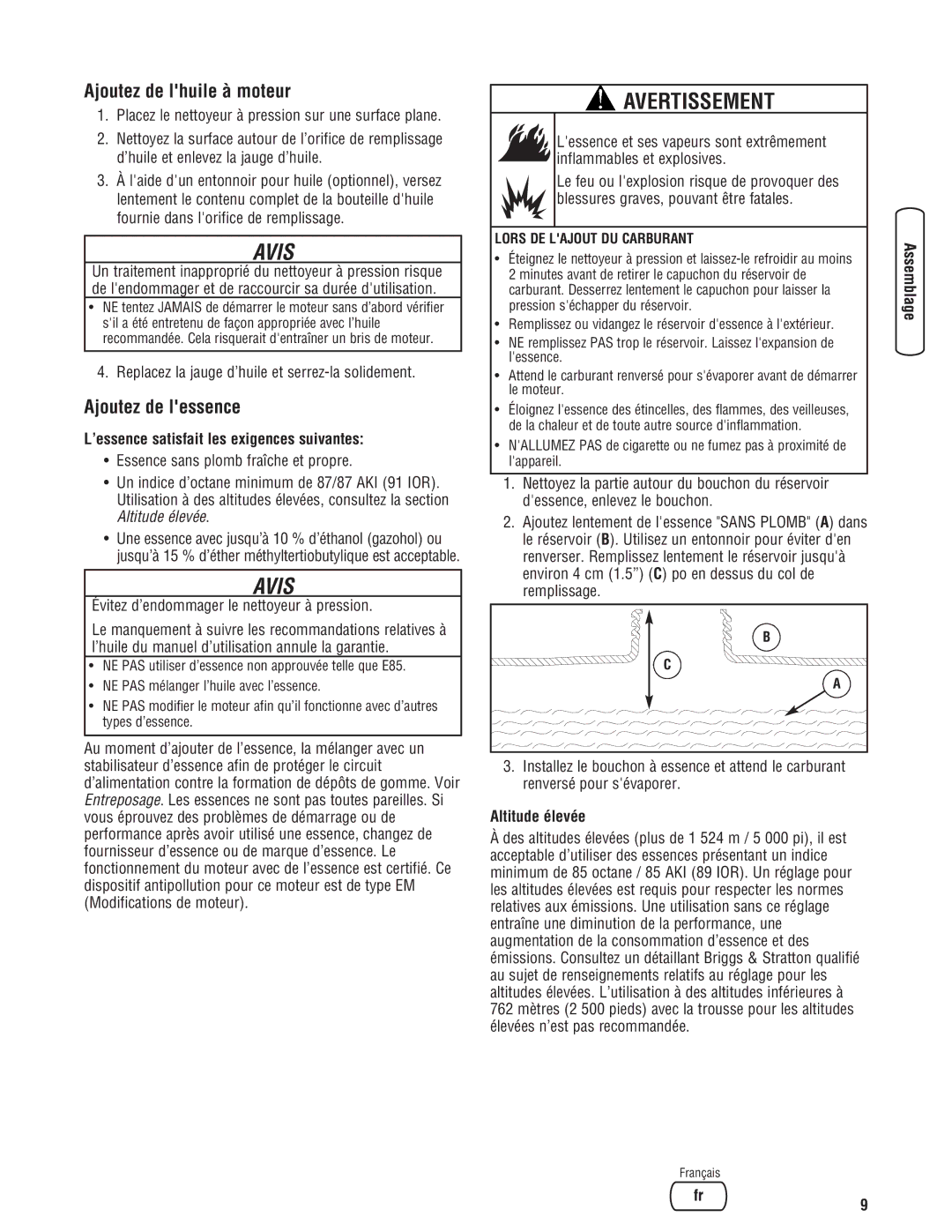 Briggs & Stratton 20341 manual Ajoutez de lhuile à moteur, Ajoutez de lessence, ’essence satisfait les exigences suivantes 