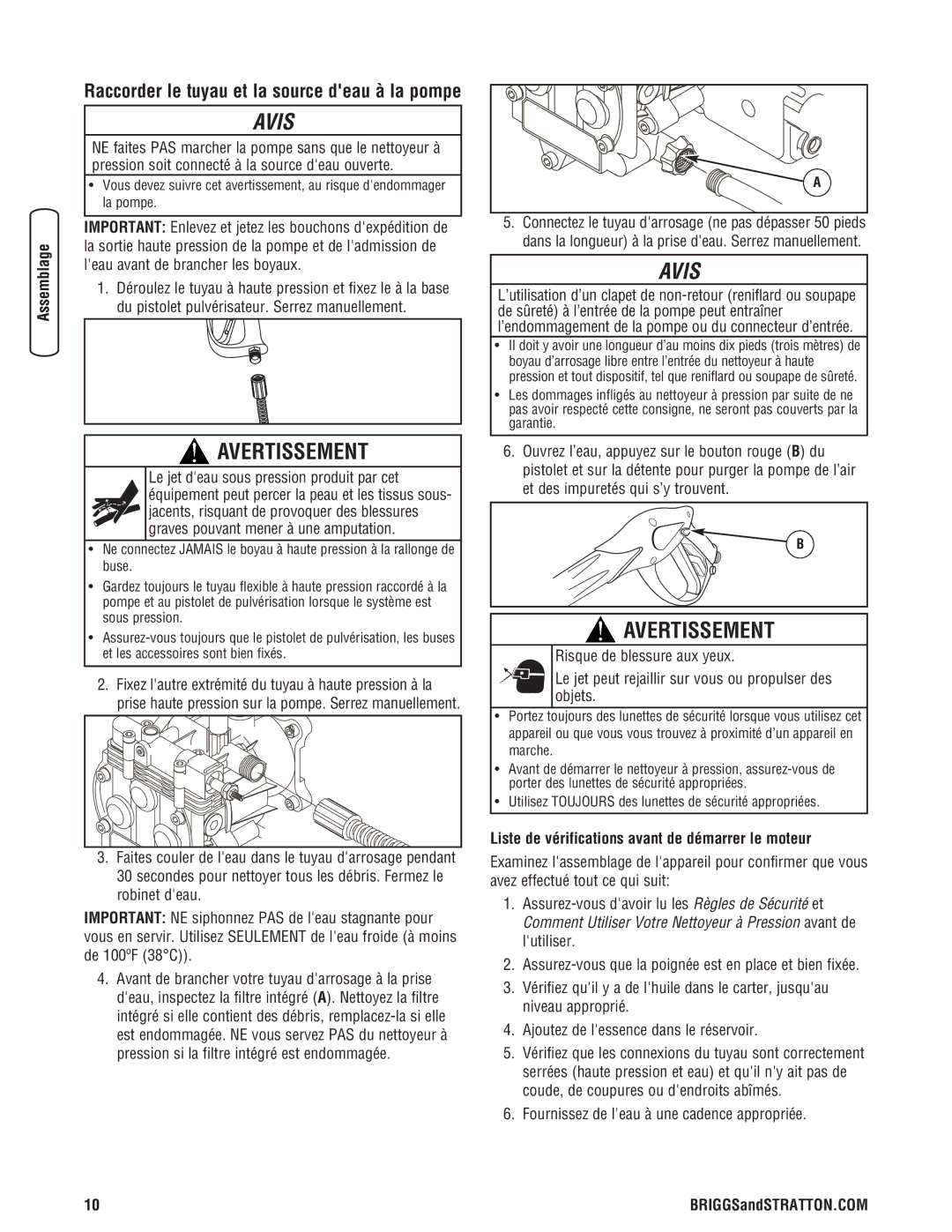 Briggs & Stratton 20341 Liste de vérifications avant de démarrer le moteur, Fournissez de leau à une cadence appropriée 