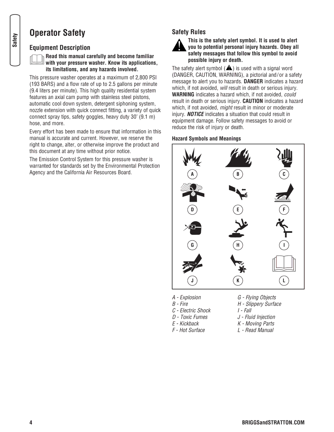 Briggs & Stratton 20341 manual Operator Safety, Equipment Description, Safety Rules, Hazard Symbols and Meanings 