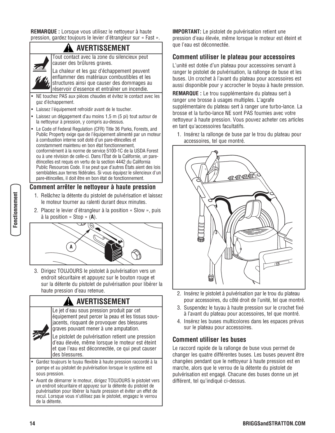 Briggs & Stratton 20341 manual Comment utiliser le plateau pour accessoires, Comment utiliser les buses 