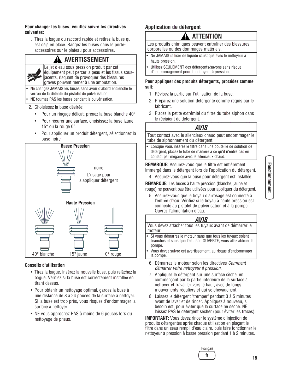 Briggs & Stratton 20341 manual Application de détergent, Basse Pression, Haute Pression, Conseils dutilisation 