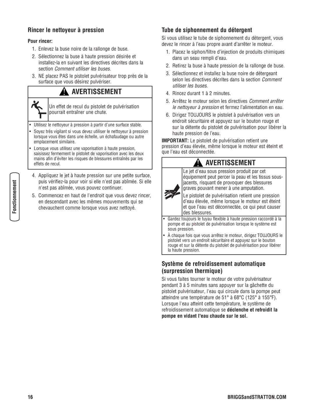 Briggs & Stratton 20341 manual Rincer le nettoyeur à pression, Tube de siphonnement du détergent, Pour rincer 