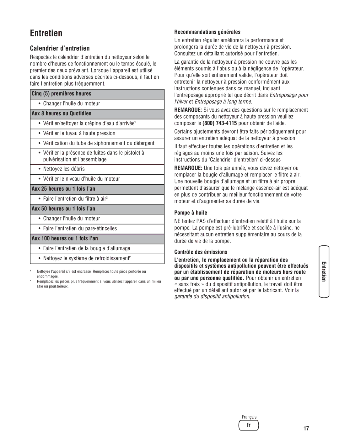 Briggs & Stratton 20341 manual Entretien, Calendrier d’entretien 