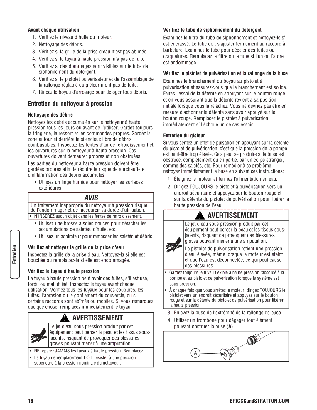 Briggs & Stratton 20341 manual Entretien du nettoyeur à pression 