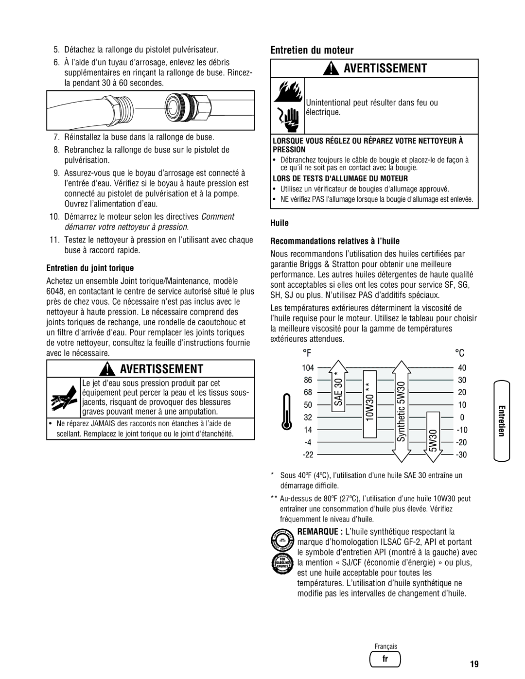 Briggs & Stratton 20341 manual Entretien du moteur, Entretien du joint torique, Huile Recommandations relatives à l’huile 