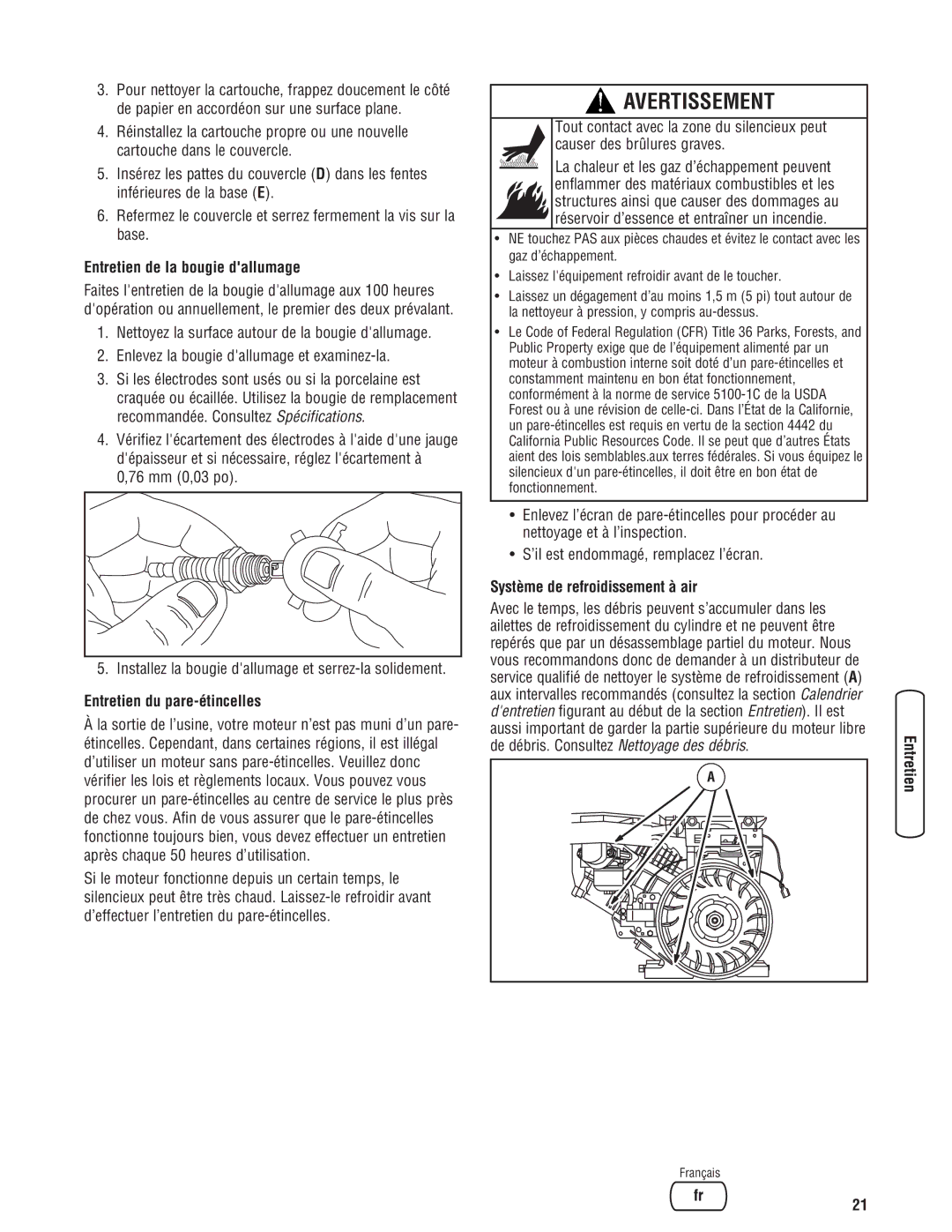 Briggs & Stratton 20341 Entretien de la bougie dallumage, Entretien du pare-étincelles, Système de refroidissement à air 