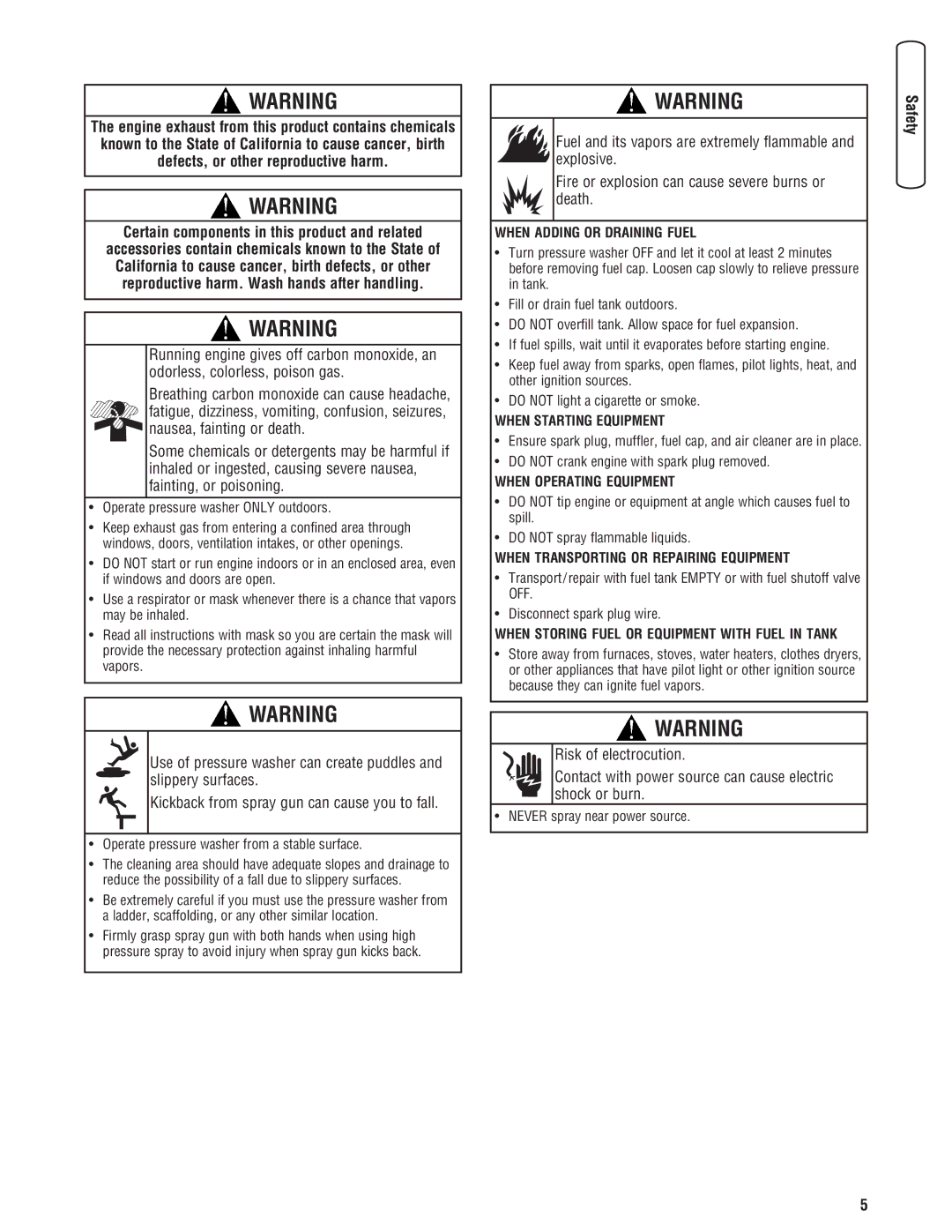 Briggs & Stratton 20341 manual Certain components in this product and related, Operate pressure washer only outdoors 