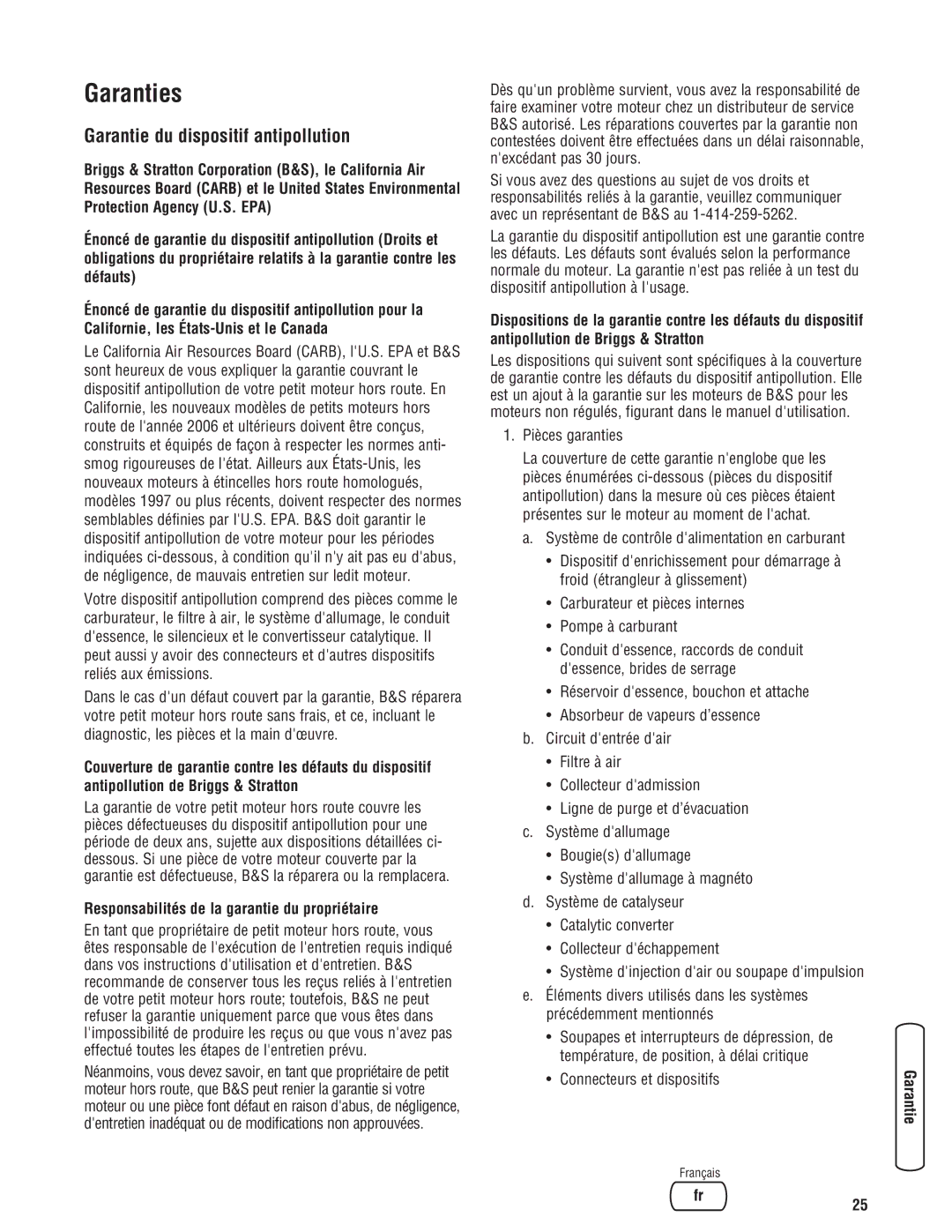 Briggs & Stratton 20341 Garanties, Garantie du dispositif antipollution, Responsabilités de la garantie du propriétaire 