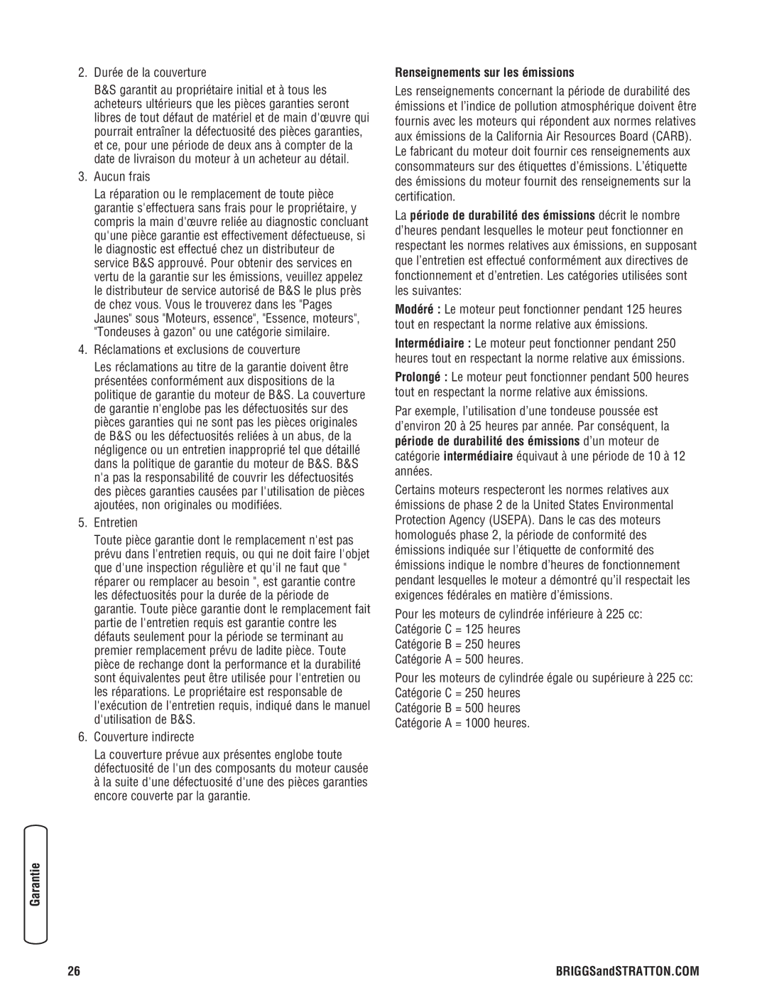 Briggs & Stratton 20341 manual Durée de la couverture, Aucun frais, Réclamations et exclusions de couverture, Entretien 