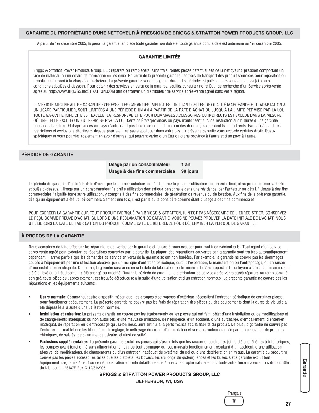 Briggs & Stratton 20341 manual Garantie Limitée 