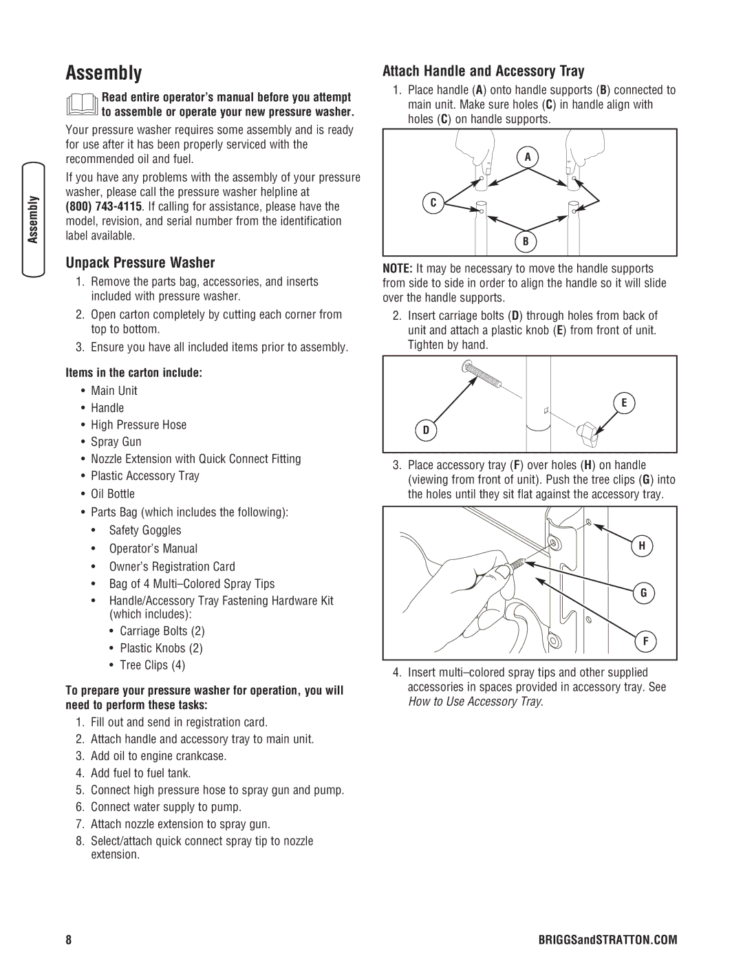 Briggs & Stratton 20341 Assembly, Unpack Pressure Washer, Attach Handle and Accessory Tray, Items in the carton include 