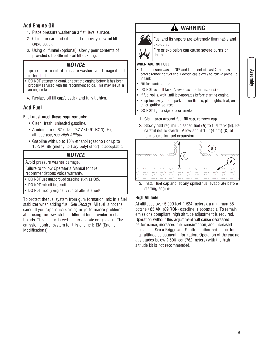 Briggs & Stratton 20341 manual Add Engine Oil, Add Fuel, Replace oil fill cap/dipstick and fully tighten, High Altitude 