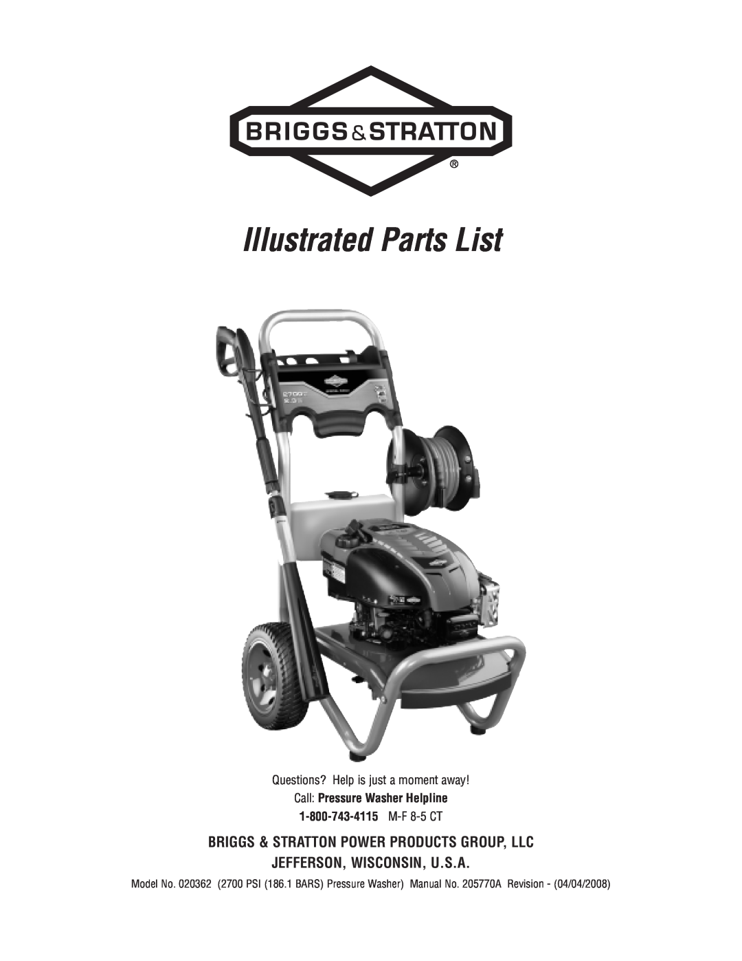 Briggs & Stratton 20362 manual Illustrated Parts List, Briggs & Stratton Power Products Group, Llc 