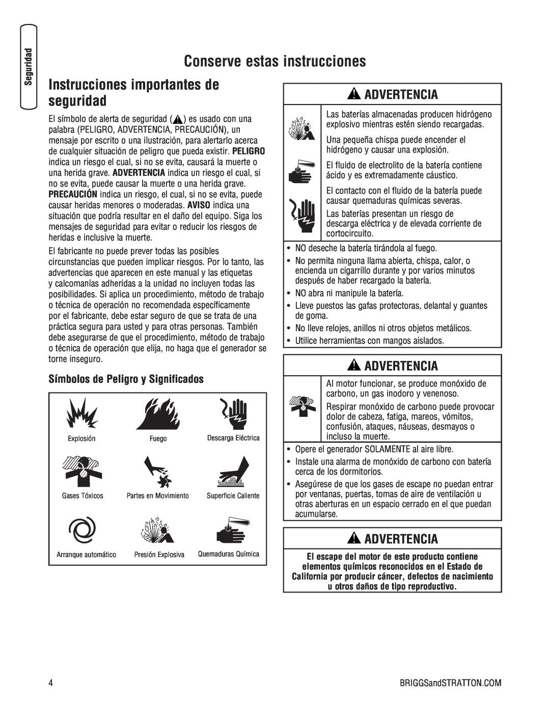 Briggs & Stratton 205051GS system manual advertencia, Símbolos de Peligro y Significados, Conserve estas instrucciones 