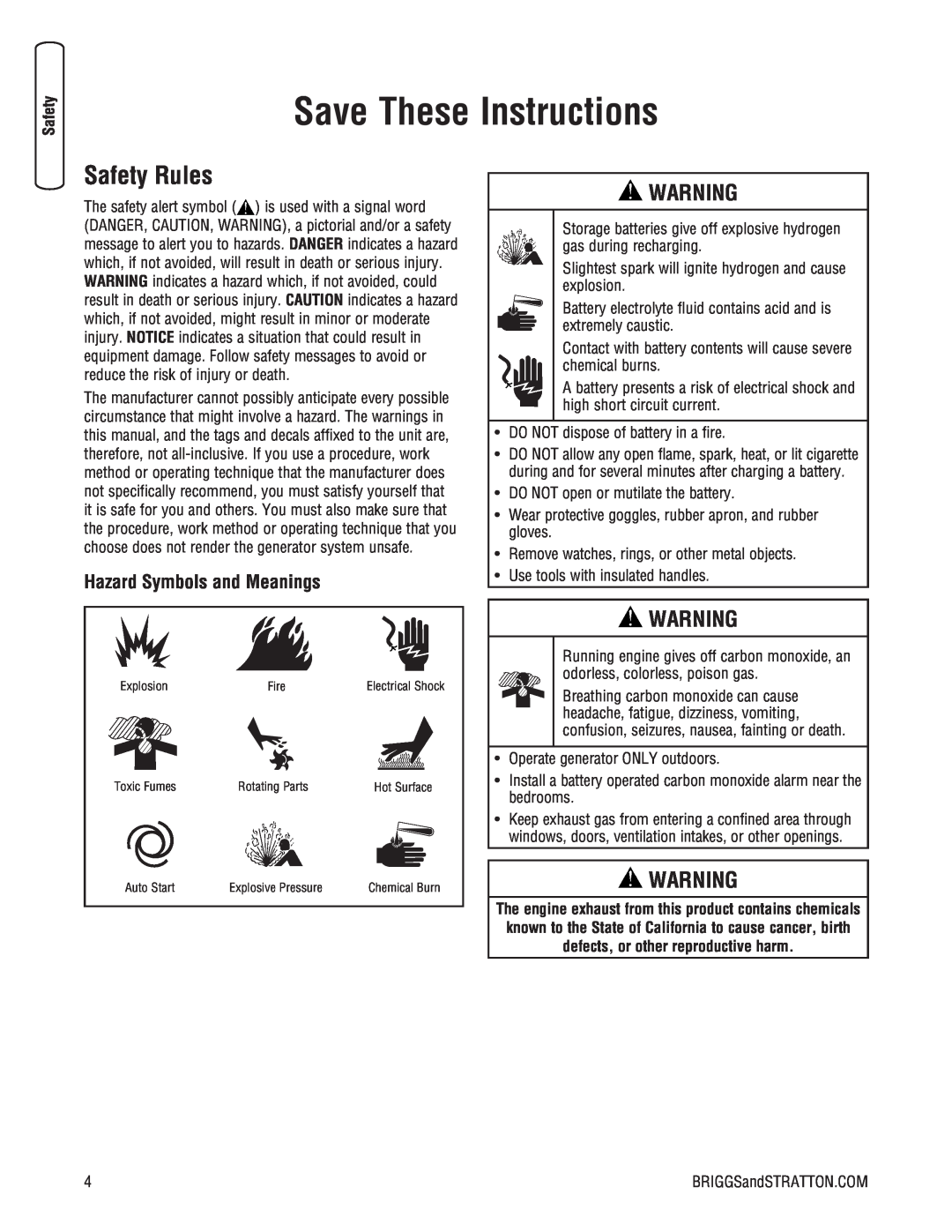 Briggs & Stratton 205051GS system manual Save These Instructions, Safety Rules, Hazard Symbols and Meanings 