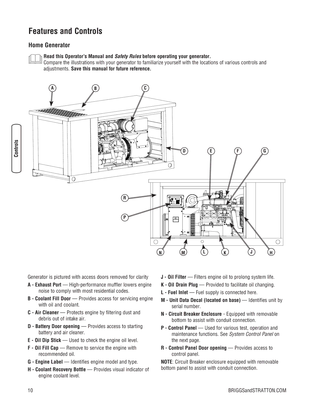 Briggs & Stratton 205051GS system manual Features and Controls, Home Generator 