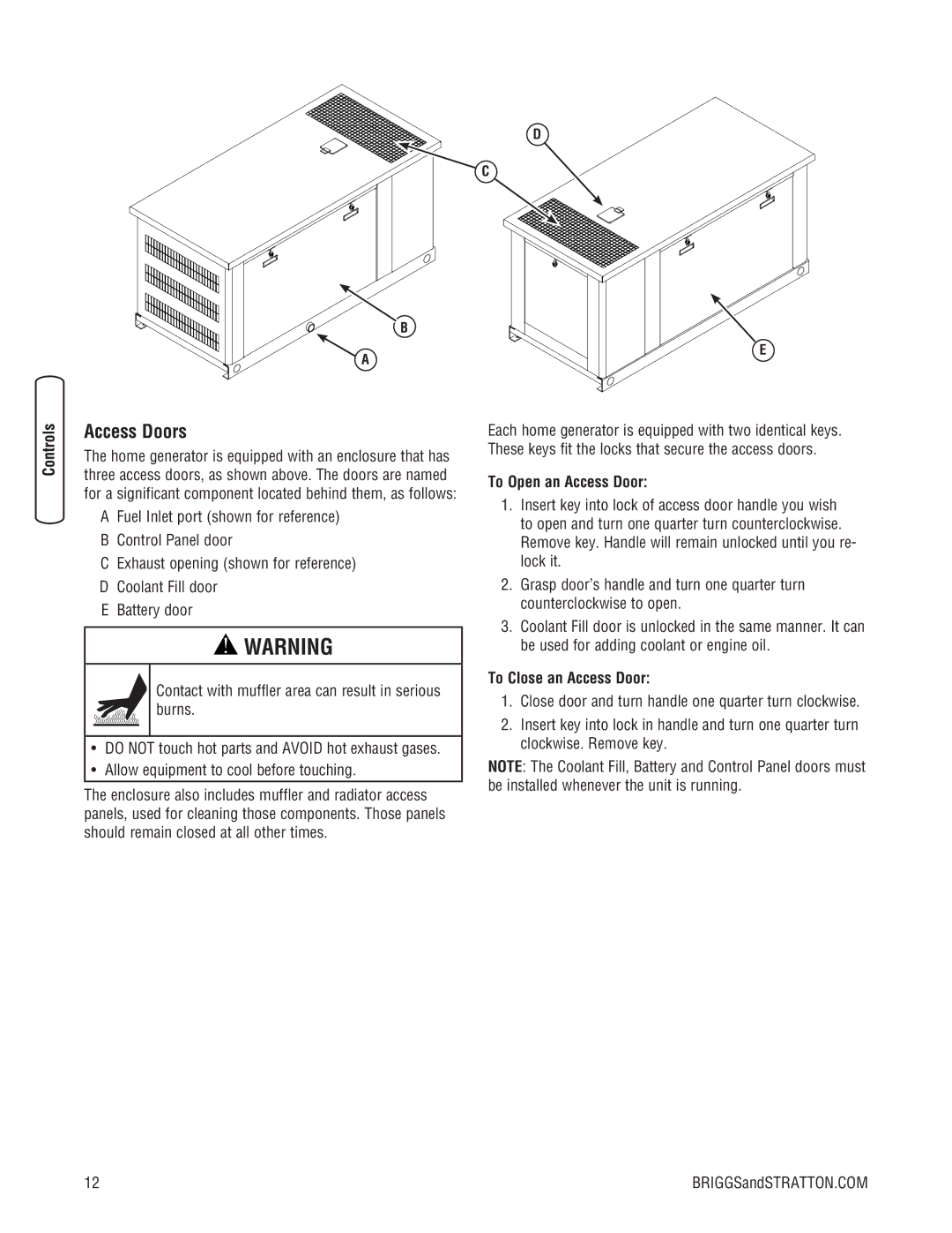 Briggs & Stratton 205051GS system manual Access Doors, To Open an Access Door, To Close an Access Door 