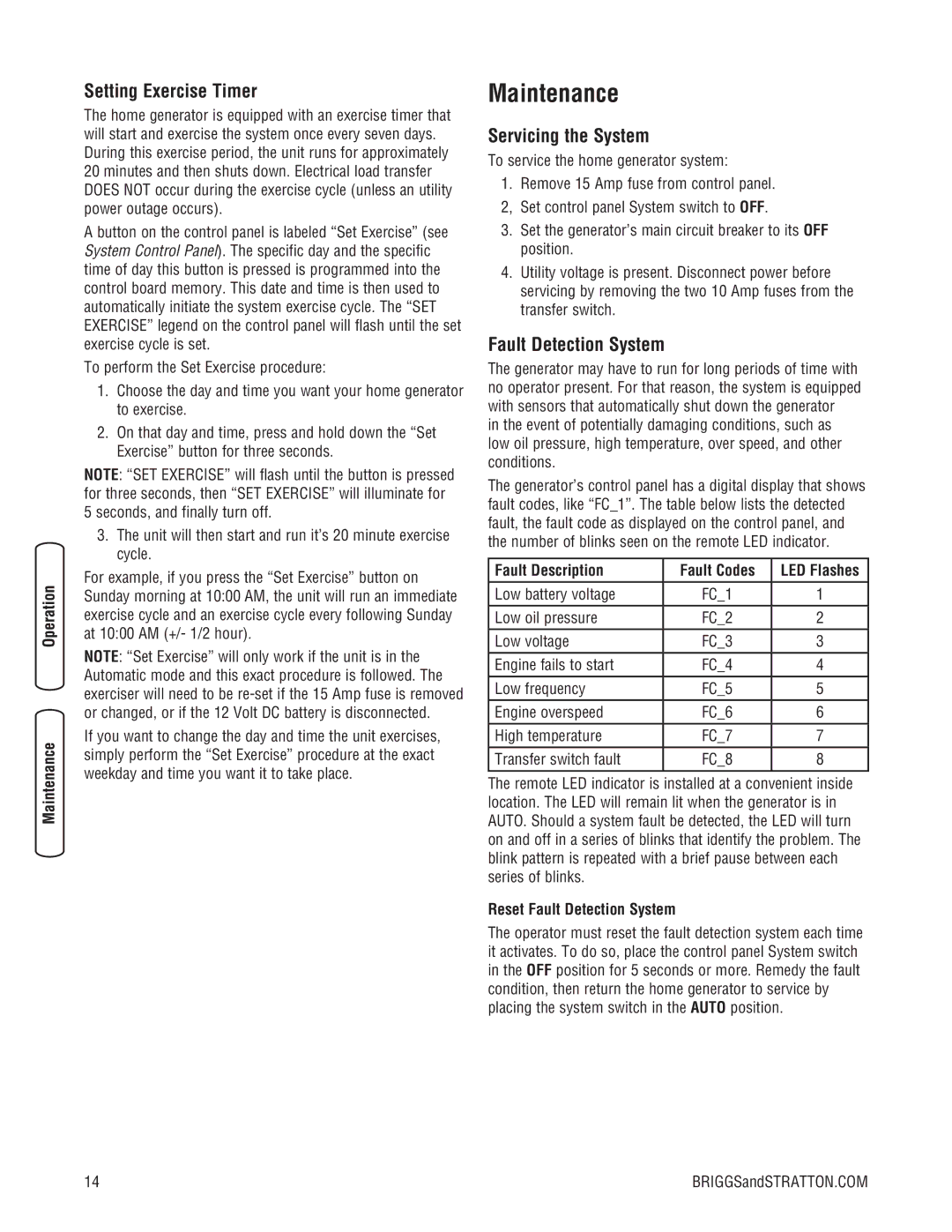 Briggs & Stratton 205051GS system manual Maintenance, Setting Exercise Timer, Servicing the System, Fault Detection System 