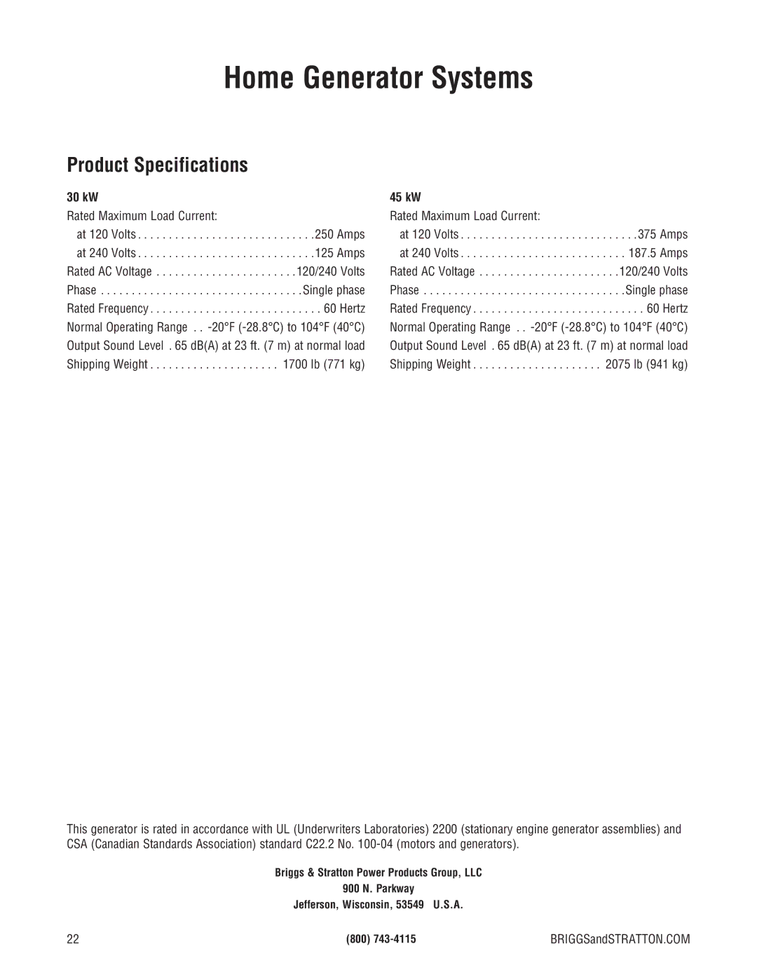 Briggs & Stratton 205051GS system manual Product Specifications, 30 kW 45 kW 