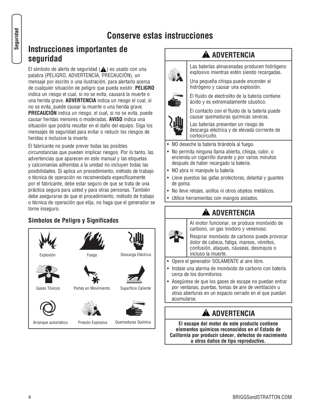 Briggs & Stratton 205051GS system manual Conserve estas instrucciones, Símbolos de Peligro y Significados 