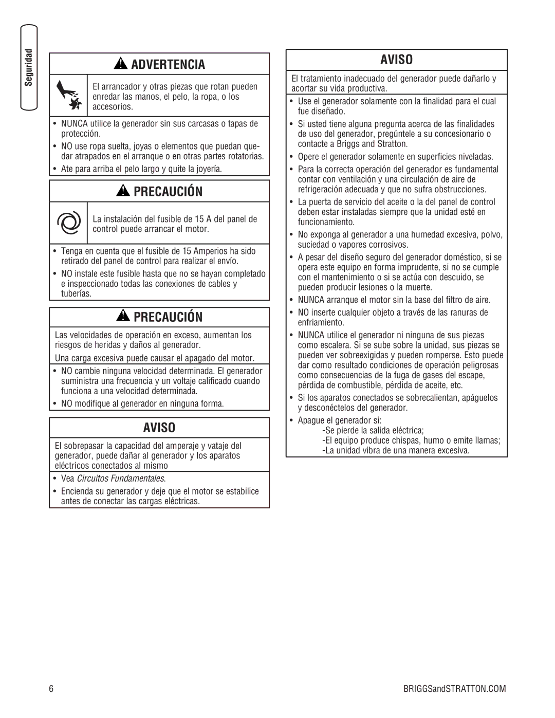 Briggs & Stratton 205051GS system manual Precaución 