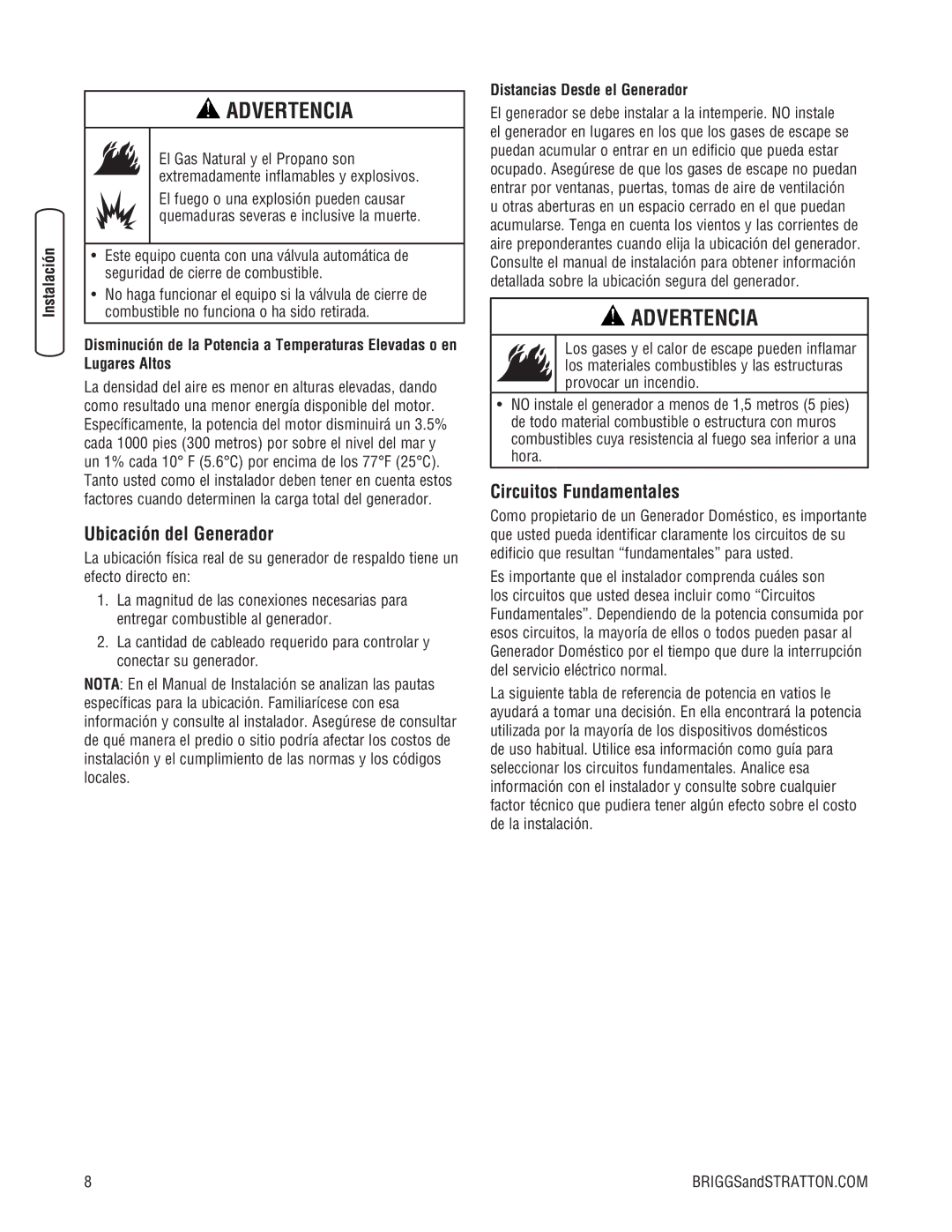 Briggs & Stratton 205051GS system manual Ubicación del Generador, Circuitos Fundamentales, Distancias Desde el Generador 