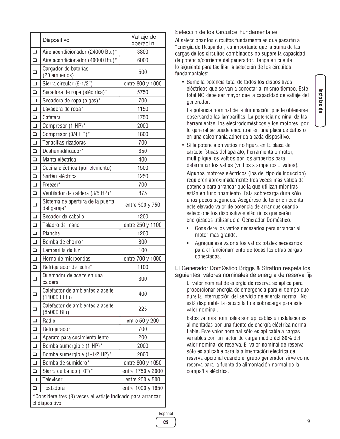 Briggs & Stratton 205051GS system manual Dispositivo Vatiaje de, Selección de los Circuitos Fundamentales 