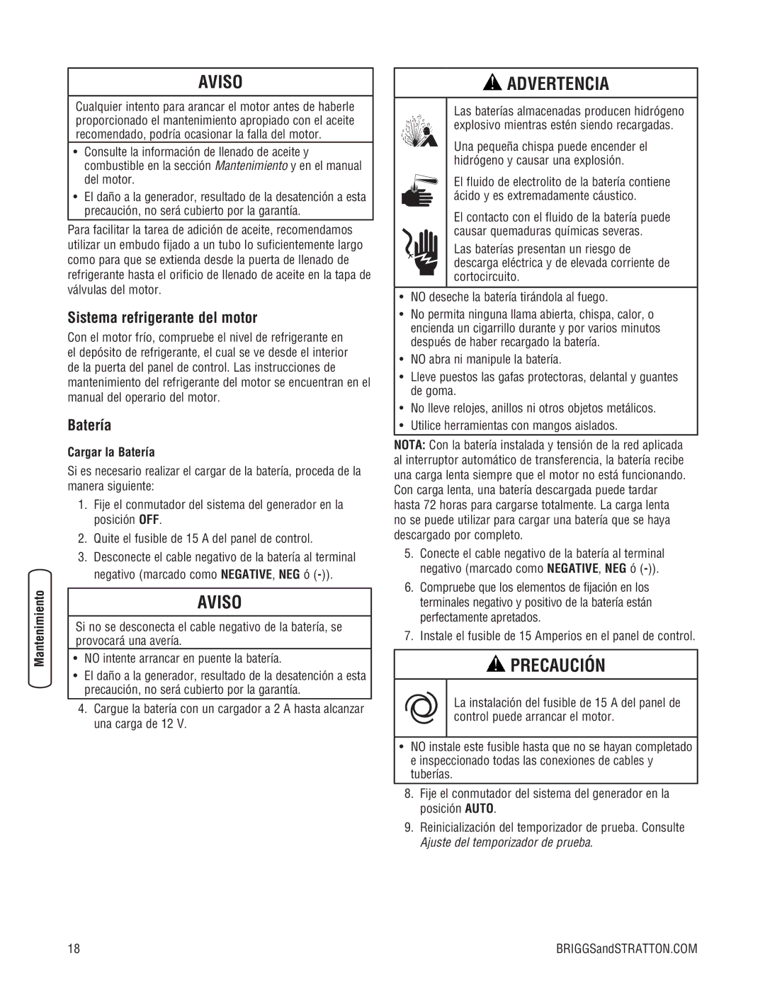 Briggs & Stratton 205051GS system manual Sistema refrigerante del motor, Cargar la Batería 