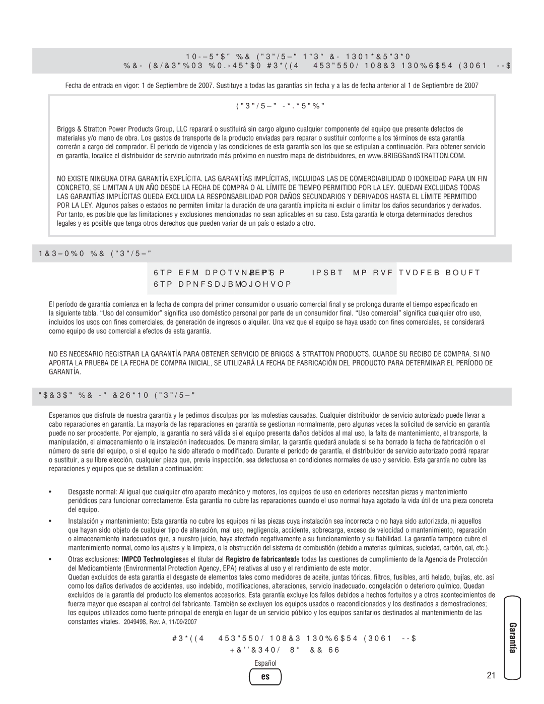 Briggs & Stratton 205051GS system manual Garantía Limitada 