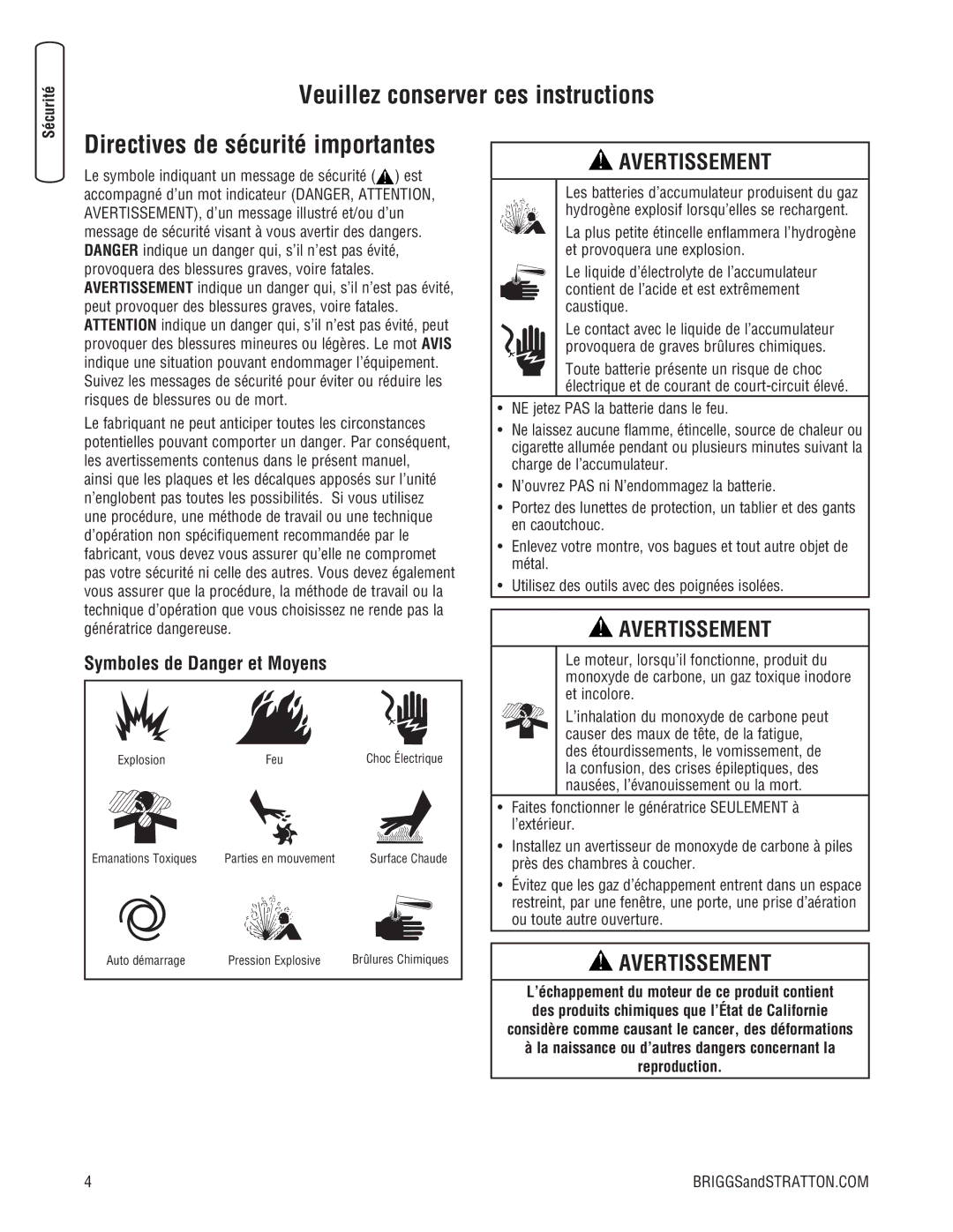 Briggs & Stratton 205051GS system manual Veuillez conserver ces instructions, Directives de sécurité importantes, Sécurité 