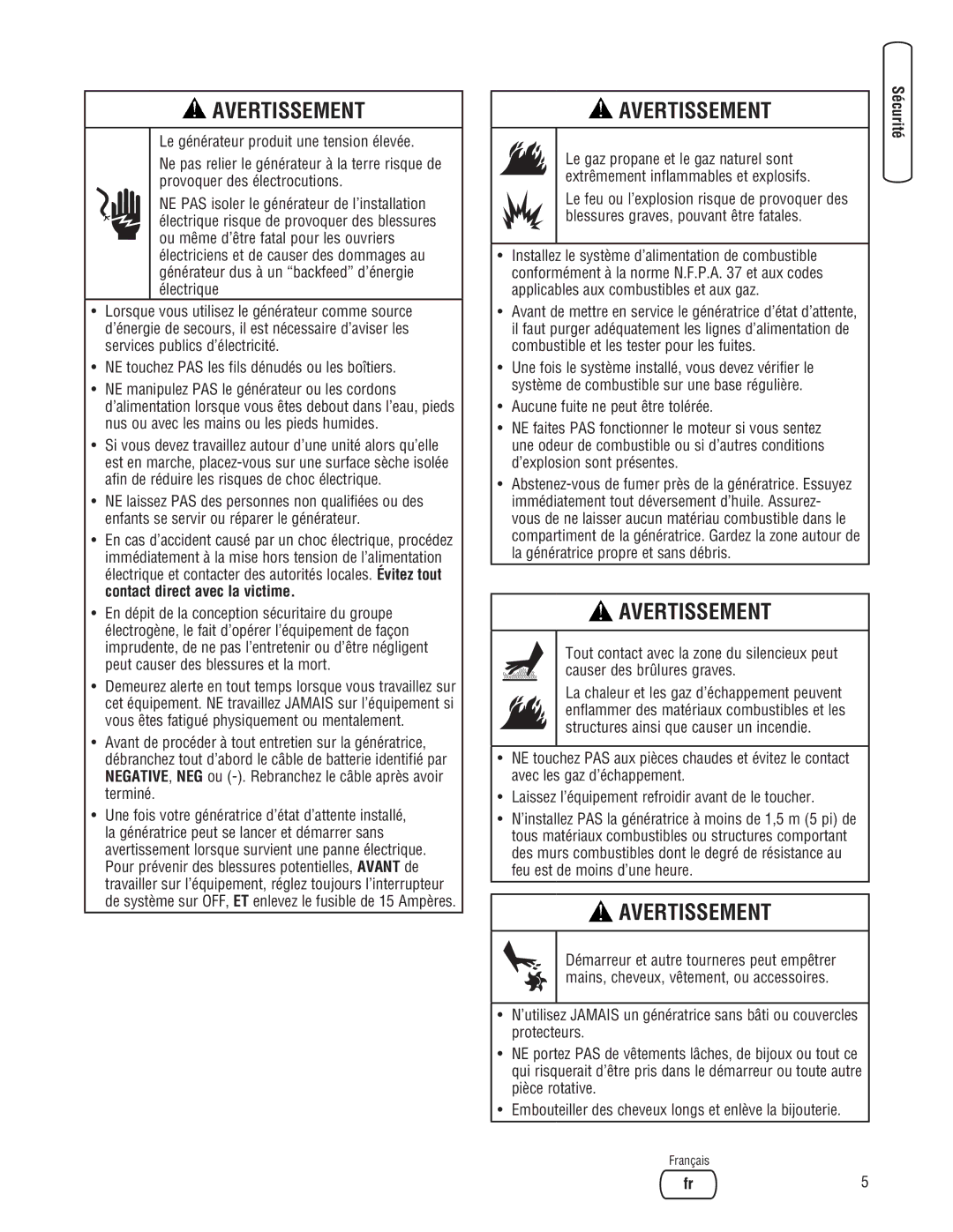 Briggs & Stratton 205051GS system manual Avertissement 