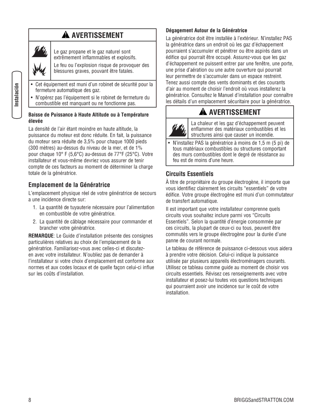 Briggs & Stratton 205051GS Emplacement de la Génératrice, Circuits Essentiels, Dégagement Autour de la Génératrice 