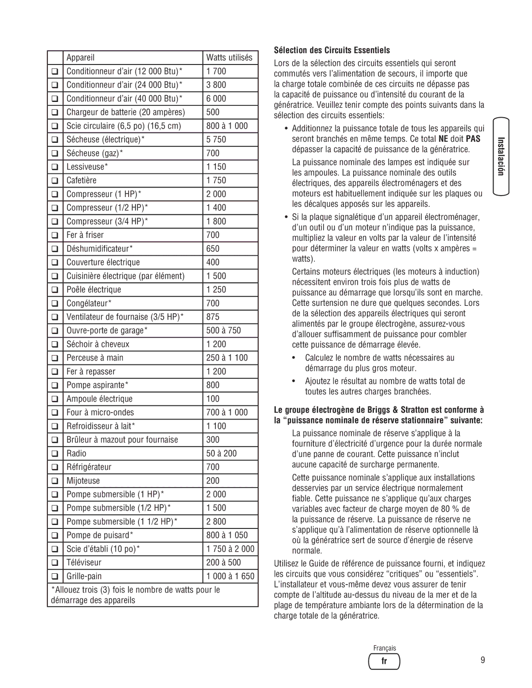 Briggs & Stratton 205051GS system manual Sélection des Circuits Essentiels 