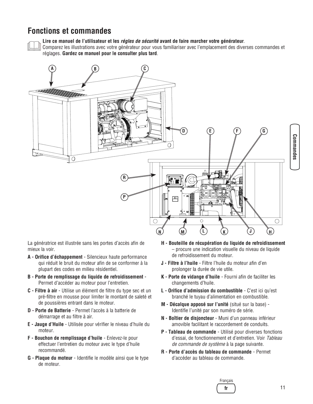 Briggs & Stratton 205051GS system manual Fonctions et commandes, Entretien Dépannage Garantie 