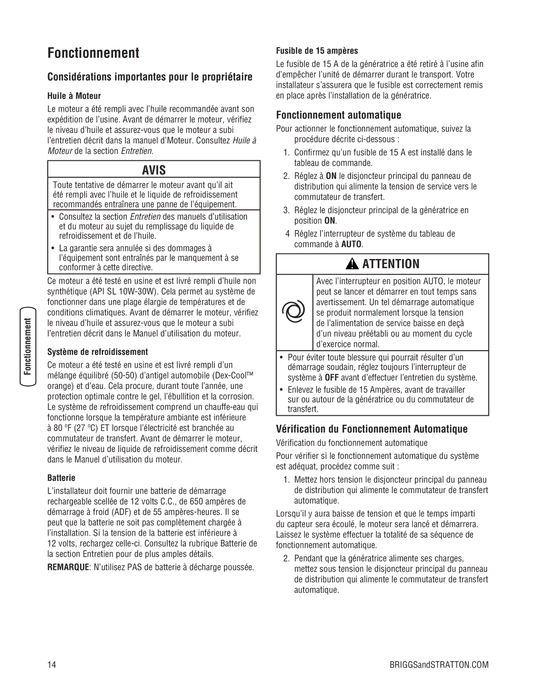 Briggs & Stratton 205051GS system manual Fonctionnement automatique, Vérification du Fonctionnement Automatique 