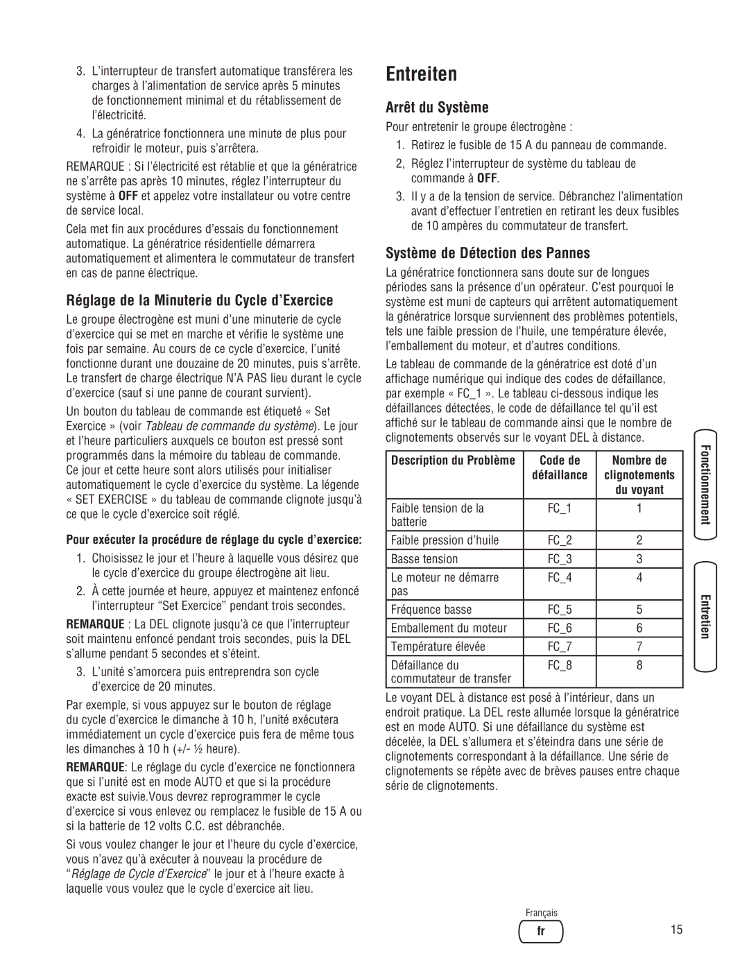 Briggs & Stratton 205051GS Entreiten, Réglage de la Minuterie du Cycle d’Exercice, Arrêt du Système, Code de Nombre de 